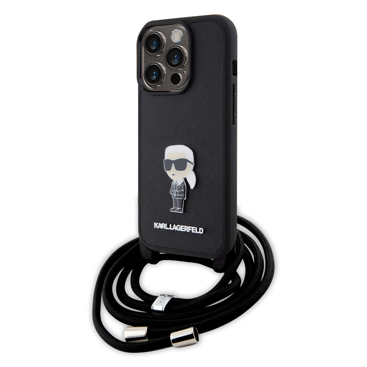 Karl Lagerfeld iPhone 15 PRO Backcover - Saffiano - Ikonik Metal Pin - Crossbody - Zwart