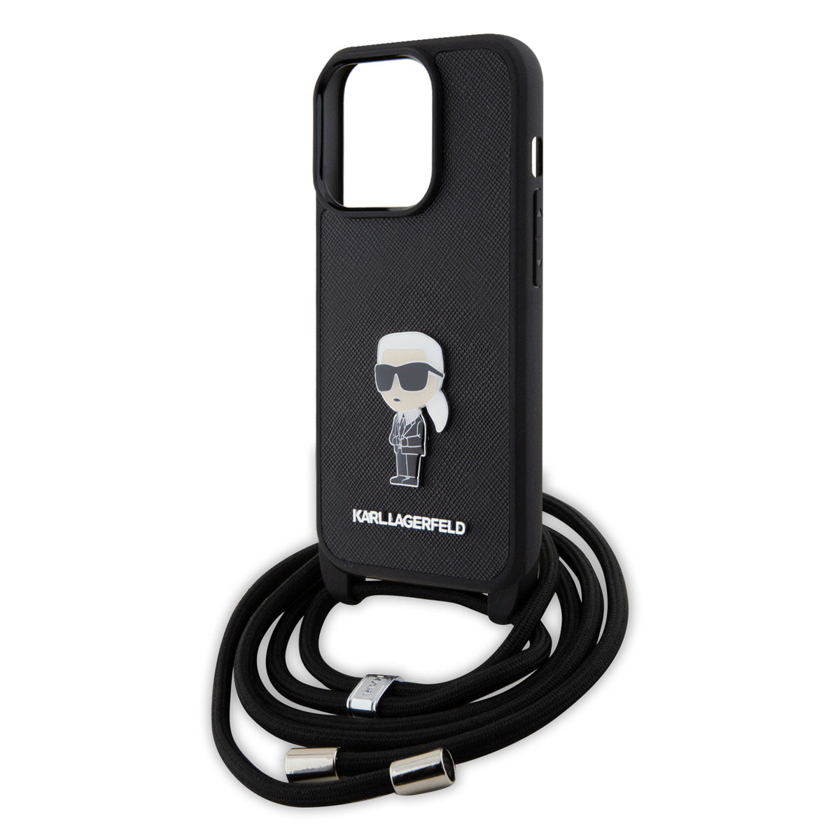 Karl Lagerfeld iPhone 15 PRO Backcover - Saffiano - Ikonik Metal Pin - Crossbody - Zwart