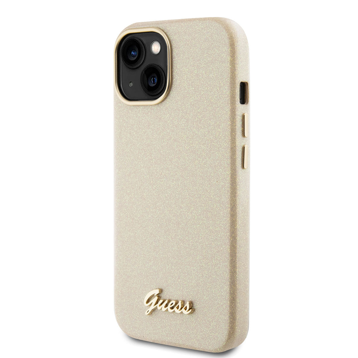 Guess iPhone 15 PLUS Backcover - Glitter Glossy Script - Goud