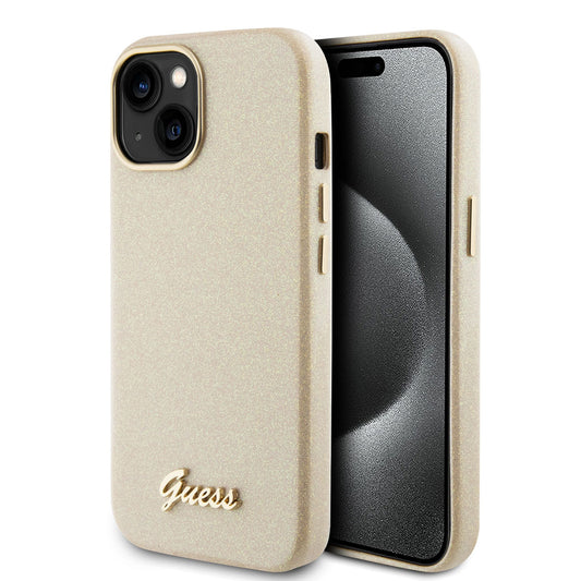 Guess iPhone 15 Backcover - Glitter Glossy Script - Goud