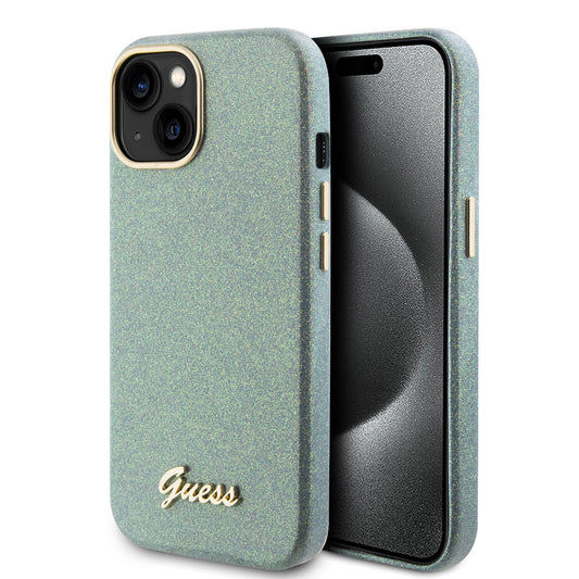Guess iPhone 15 Backcover - Glitter Glossy Script - Khaki