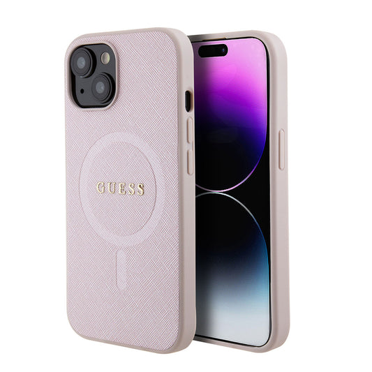 Guess iPhone 15 PLUS Backcover - MagSafe - Saffiano - Roze