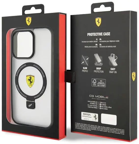Ferrari iPhone 15 PLUS Backcover met Ring Stand - MagSafe - Transparant/Zwart