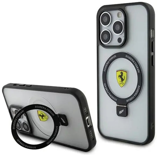 Ferrari iPhone 15 PLUS Backcover met Ring Stand - MagSafe - Transparant/Zwart