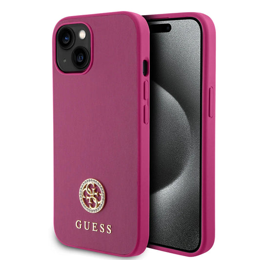 Guess iPhone 15 Backcover - 4G Metal Logo - Strass - Roze
