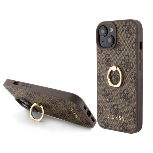 Guess iPhone 15 Backcover met ringhouder - Bruin