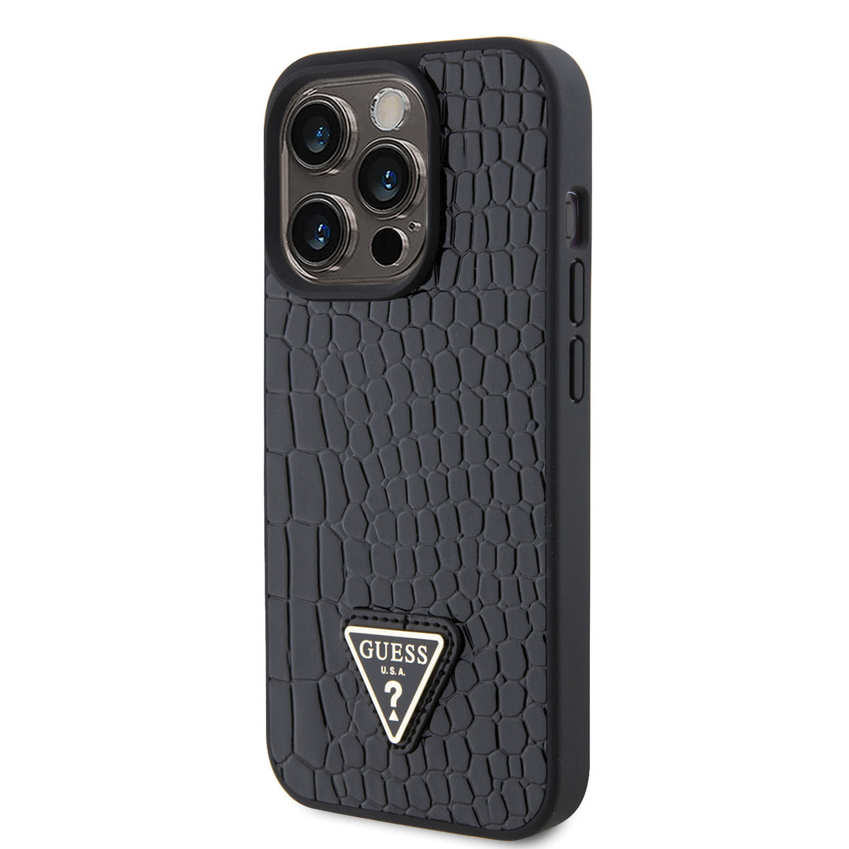 Guess iPhone 15 PRO Backcover 4G Triangle - Croco - Zwart