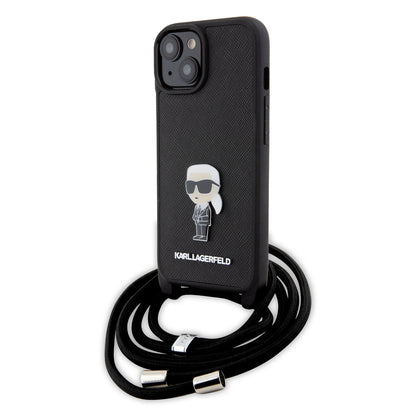 Karl Lagerfeld iPhone 15 PLUS Backcover - Saffiano - Ikonik Metal Pin - Crossbody - Zwart