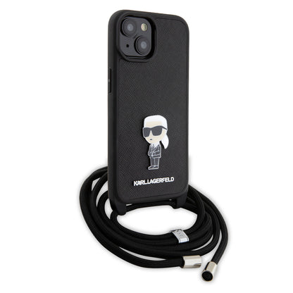 Karl Lagerfeld iPhone 15 Backcover - Saffiano - Ikonik Metal Pin - Crossbody - Zwart