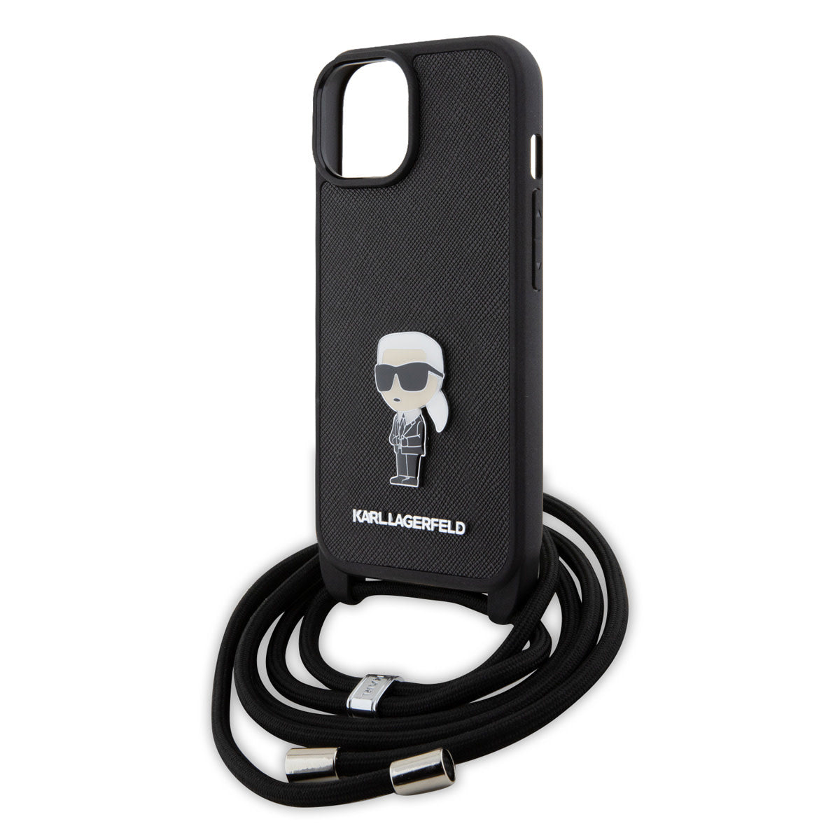 Karl Lagerfeld iPhone 15 Backcover - Saffiano - Ikonik Metal Pin - Crossbody - Zwart