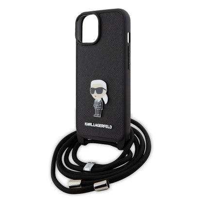 Karl Lagerfeld iPhone 15 PLUS Backcover - Saffiano - Ikonik Metal Pin - Crossbody - Zwart