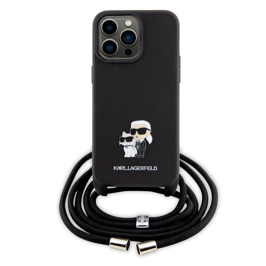 Karl Lagerfeld iPhone 15 PRO MAX Backcover - Saffiano - K&C Metal Pin - Crossbody - Zwart