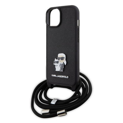 Karl Lagerfeld iPhone 15 PLUS Backcover - Saffiano - K&C Metal Pin - Crossbody - Zwart