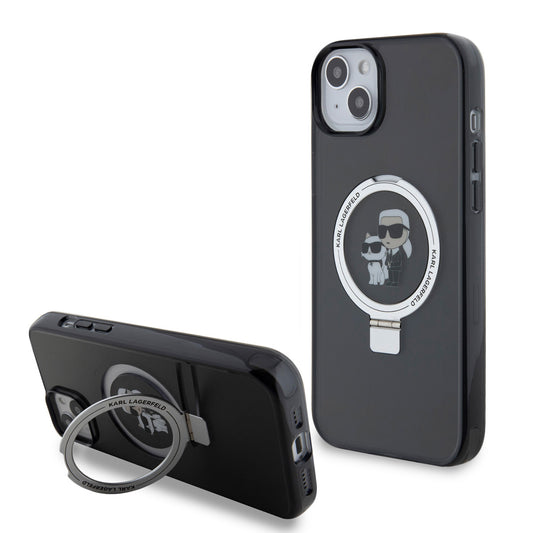 Karl Lagerfeld iPhone 15 PLUS Backcover - MagSafe met ringstand - K&C- Zwart