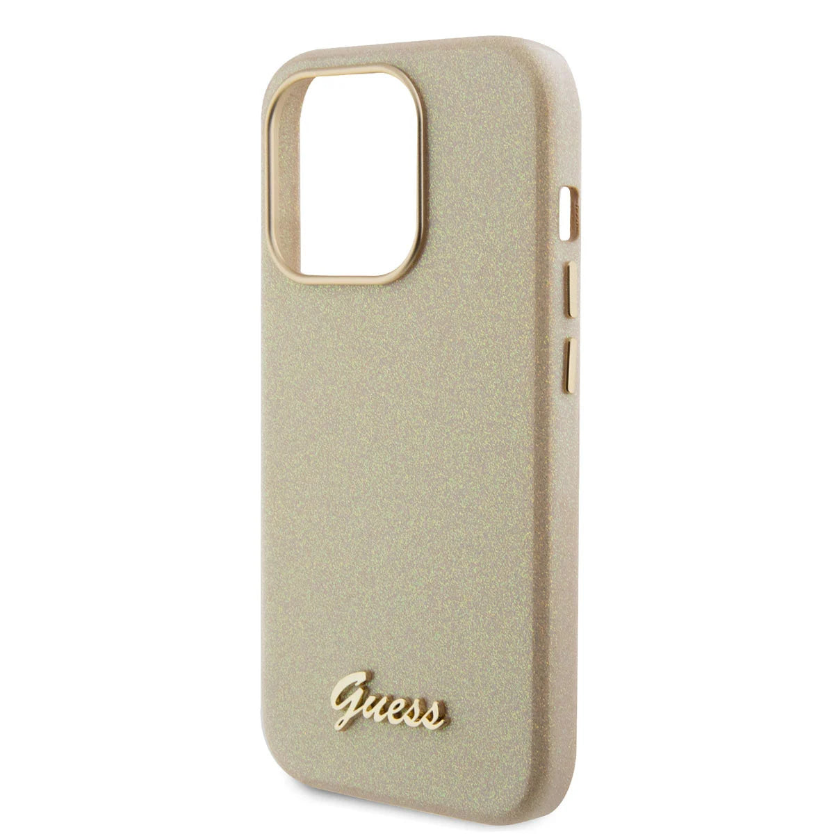 Guess iPhone 15 PRO Backcover - Glitter Glossy Script - Goud