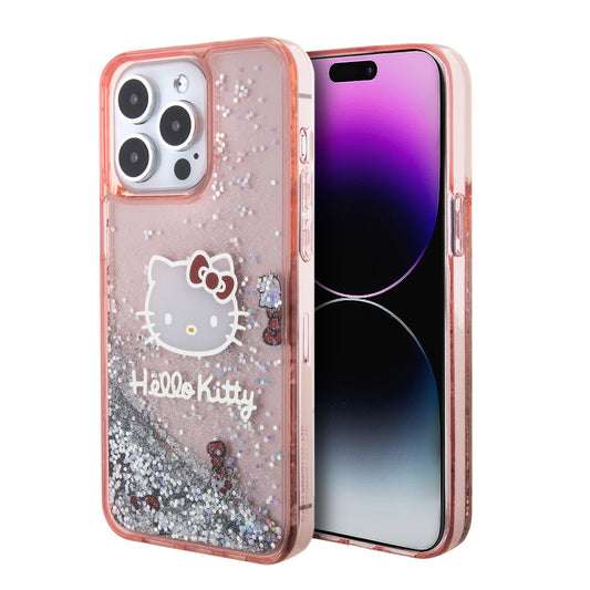 Hello Kitty iPhone 15 PRO Backcover - Liquid Glitter - Kitty Head Charms - Roze