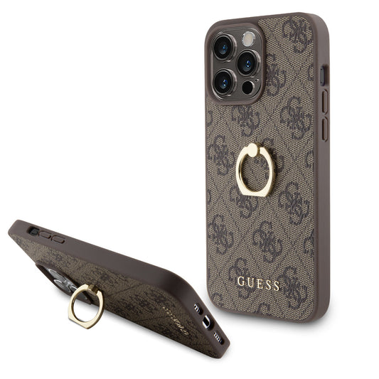Guess iPhone 15 PRO Backcover met ringhouder - Bruin