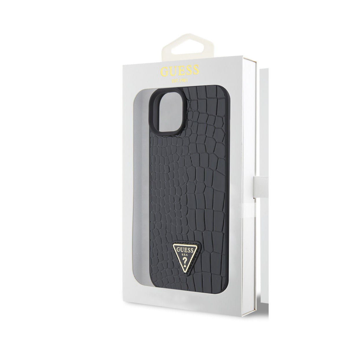 Guess iPhone 15 Backcover 4G Triangle - Croco - Zwart