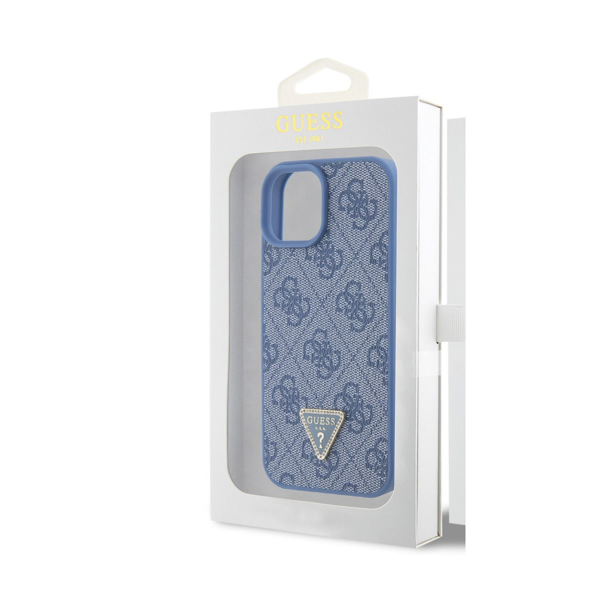 Guess iPhone 15 PLUS Backcover 4G Triangle - Strass - Blauw