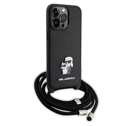 Karl Lagerfeld iPhone 15 PRO Backcover - Saffiano - K&C Metal Pin - Crossbody - Zwart