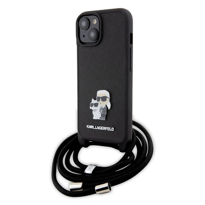 Karl Lagerfeld iPhone 15 Backcover - Saffiano - K&C Metal Pin - Crossbody - Zwart