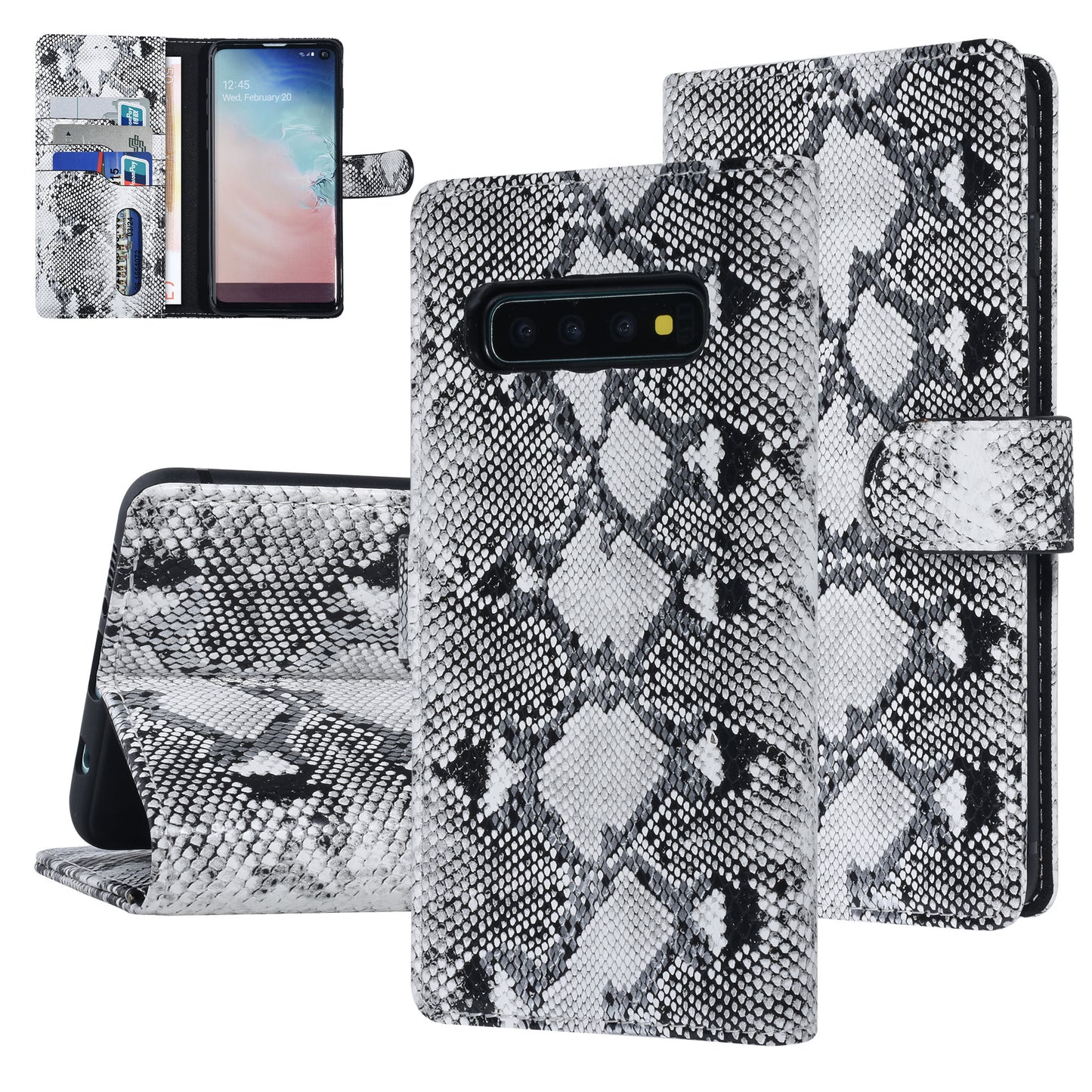 Samsung S10 Bookcase met 3 Pasjeshouders - Luxe Kunstleer met Slangenprint - Zwart/Wit
