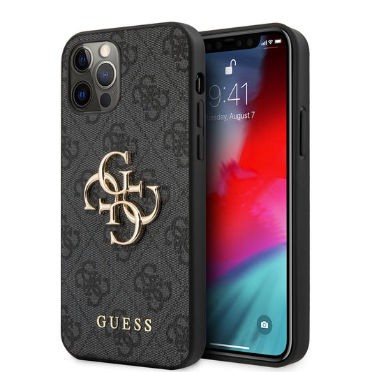 Guess iPhone 12/12 PRO Backcover - Gold 4G Logo - Grijs