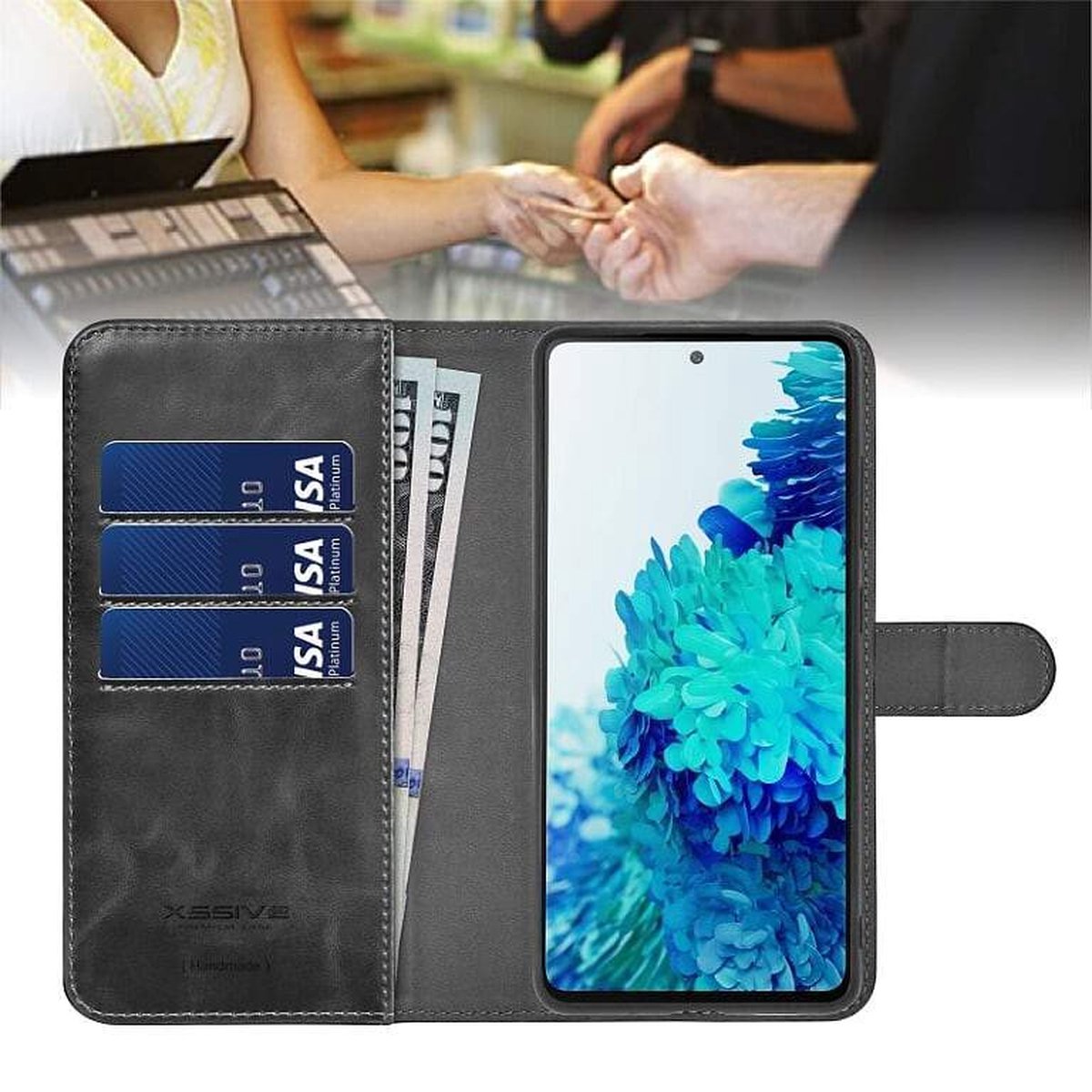 Samsung S21FE Premium Bookcase met 3 Pasjeshouders - Magneetsluiting - Zwart