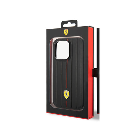 Ferrari iPhone 14 PRO Leren Backcover - Hot Stamp - Red Line - Zwart