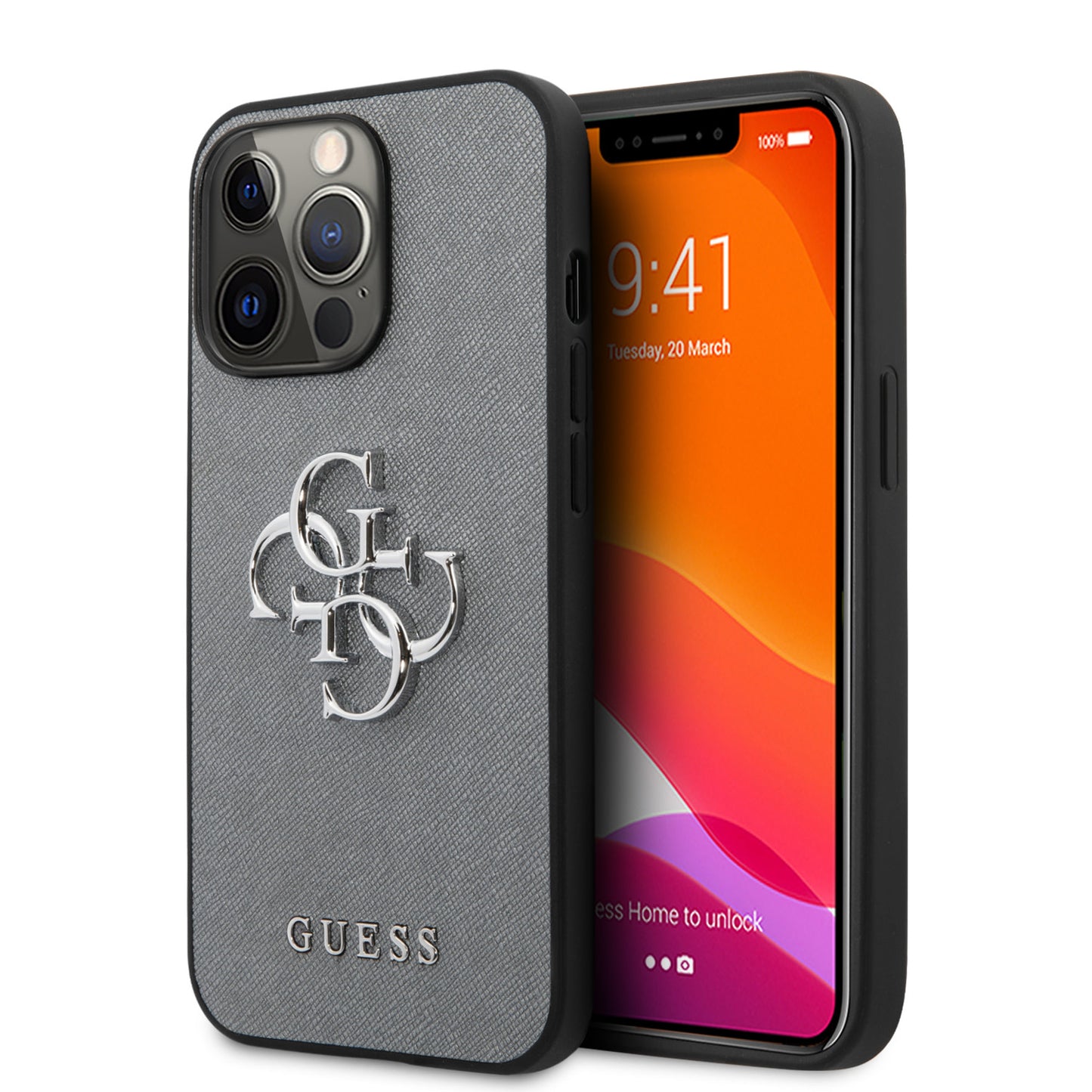 Guess iPhone 13 PRO MAX Backcover - Zilver 4G Logo - Saffiano PU - Zilver