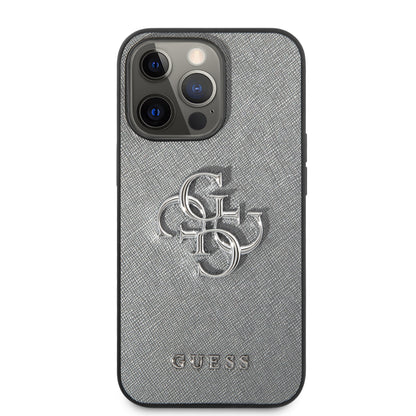 Guess iPhone 13 PRO Backcover - Zilver 4G Logo - Saffiano PU - Zilver