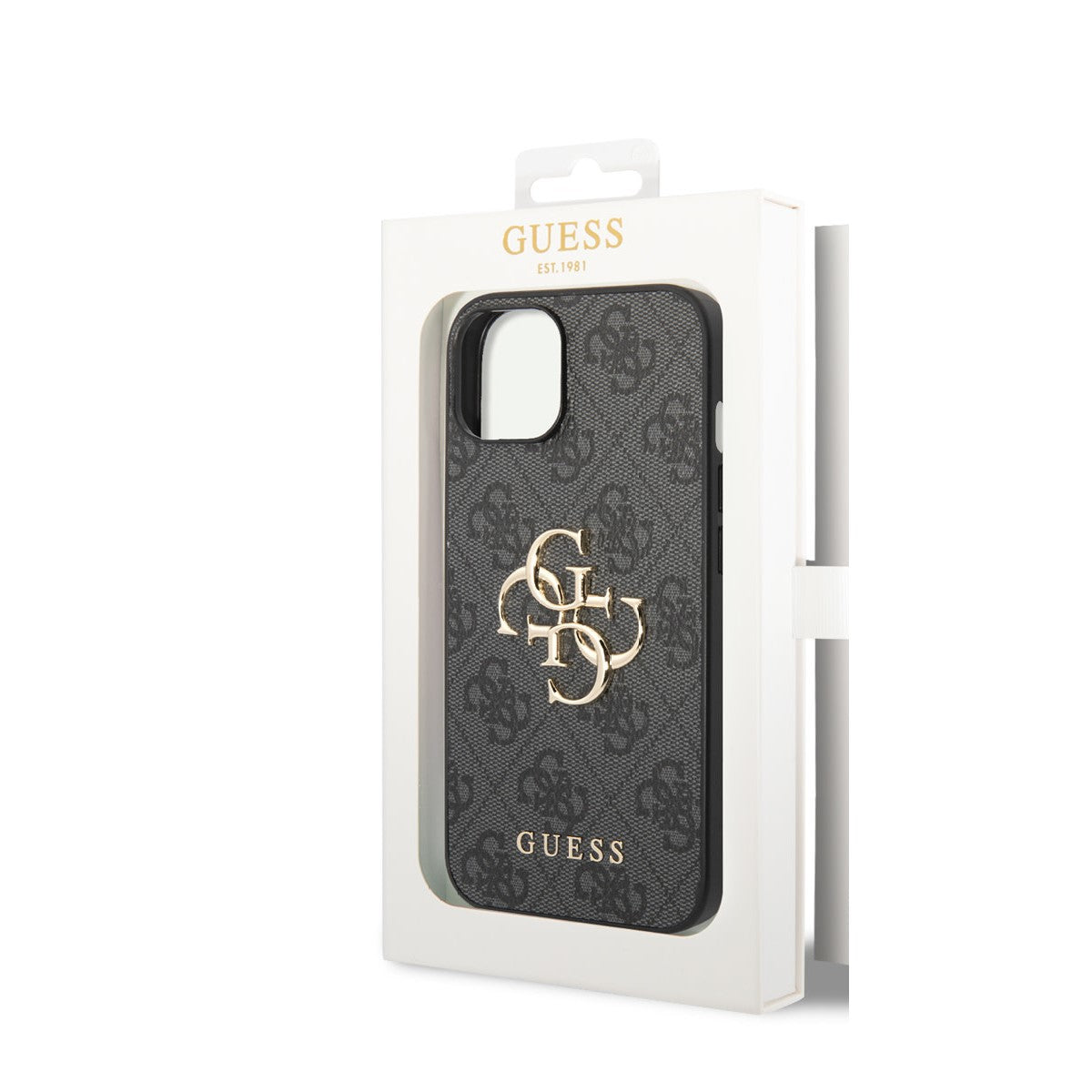 Guess iPhone 14 Plus Backcover - Gold 4G Logo - Grijs
