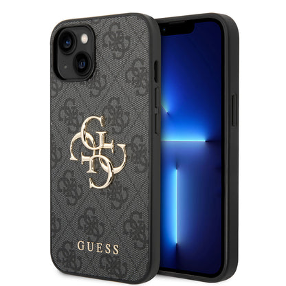 Guess iPhone 14 Plus Backcover - Gold 4G Logo - Grijs