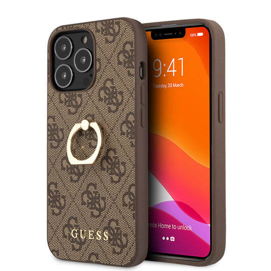 Guess iPhone 14 Pro Backcover - Met Ringhouder - Bruin