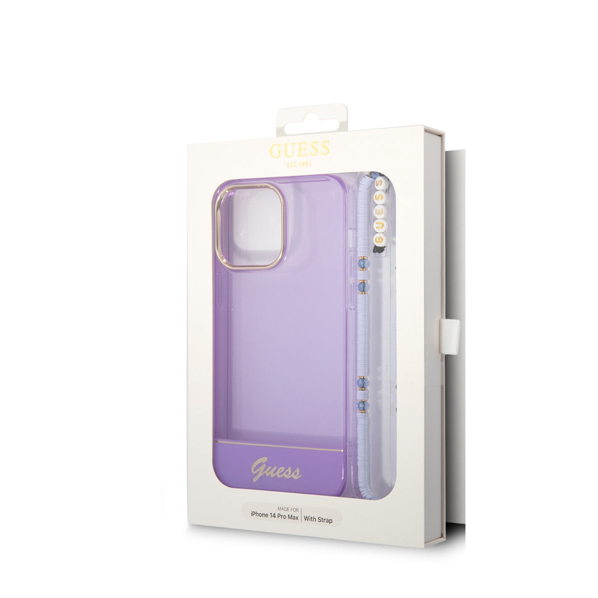 Guess iPhone 14 PRO Backcover - met koord - Transparant Paars