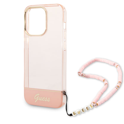 Guess iPhone 14 PRO Backcover - met koord - Transparant Roze