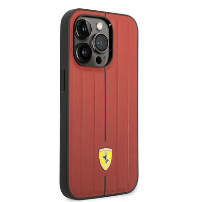 Ferrari iPhone 14 Pro kunstleer Backcover - Hot Stamp - Black Line - Rood