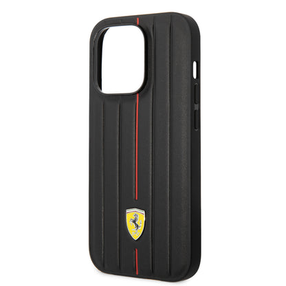 Ferrari iPhone 14 Pro Max kunstleer Backcover - Hot Stamp - Red Line - Zwart