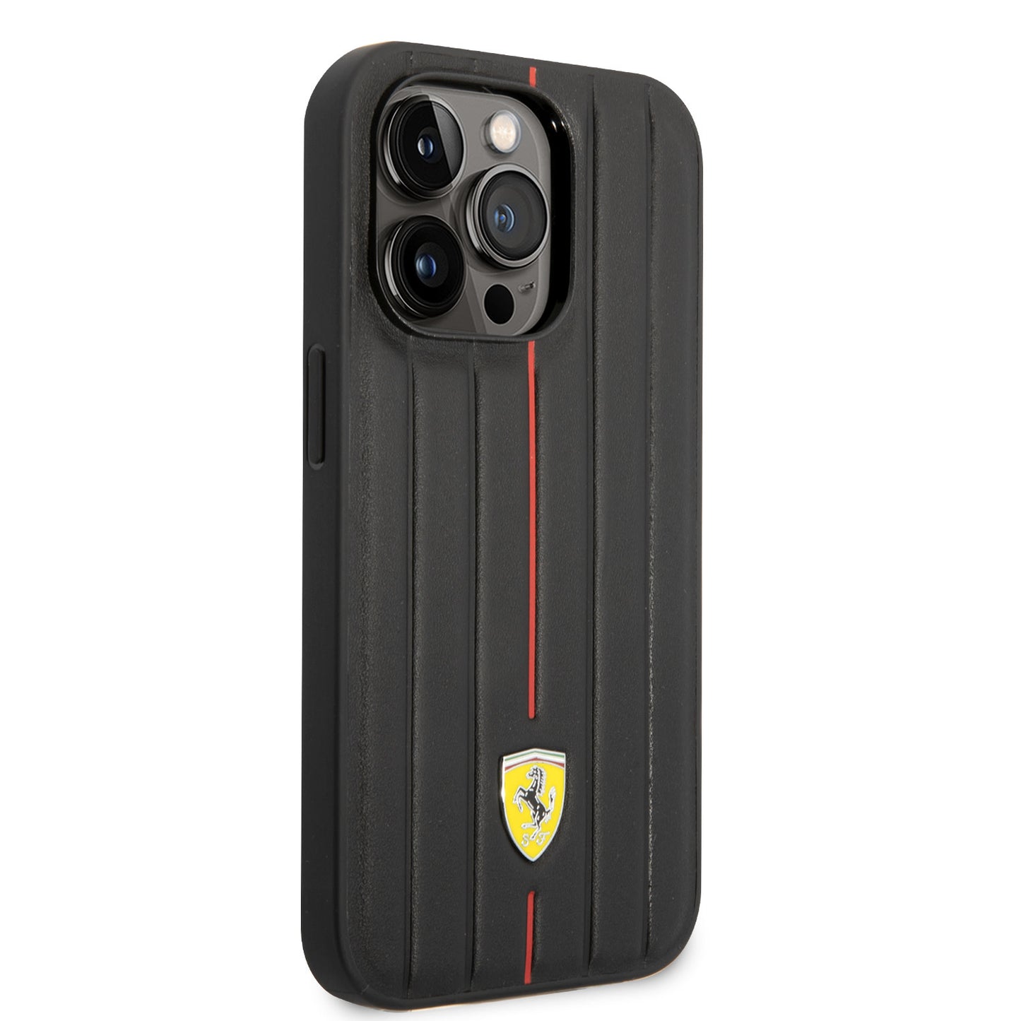 Ferrari iPhone 14 Pro Max kunstleer Backcover - Hot Stamp - Red Line - Zwart