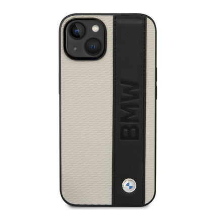 BMW iPhone 14 kunstleer Backcover - Textured & Logo Stripe - Beige