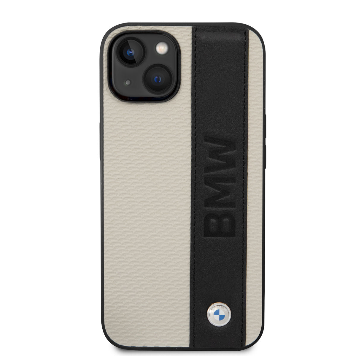 BMW iPhone 14 Plus kunstleer Backcover - Textured & Logo Stripe - Beige