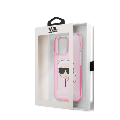 Karl Lagerfeld iPhone 13 PRO Backcover -  Glitter - Karl's head - Transparant Roze