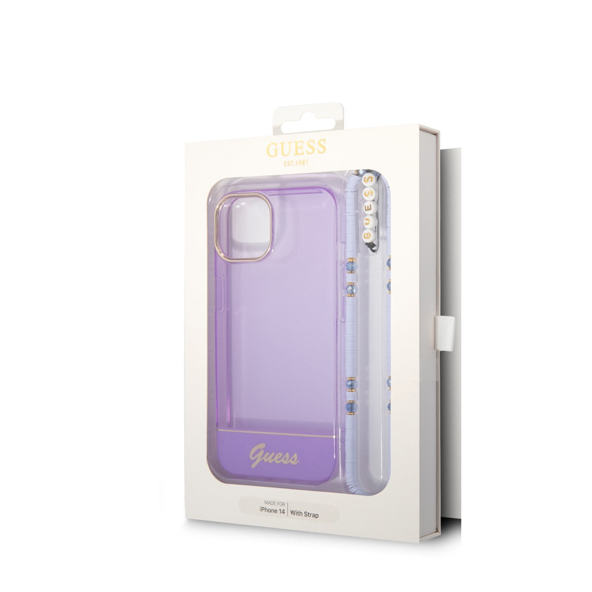Guess iPhone 14 Backcover - met koord - Transparant Paars