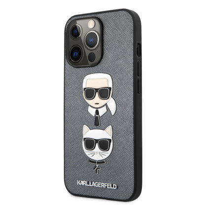 Karl Lagerfeld iPhone 13 PRO Backcover - Karl & Choupette Heads - Zilver